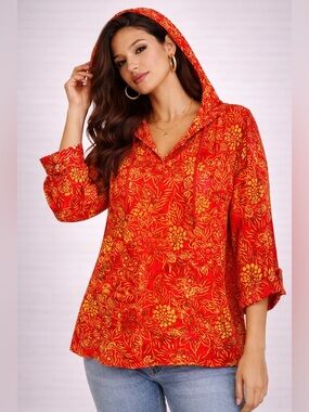 Soft Surroundings Floral Top Red Yellow Rayon Tunic Hoodie PM Boho 3/4 Sleeve